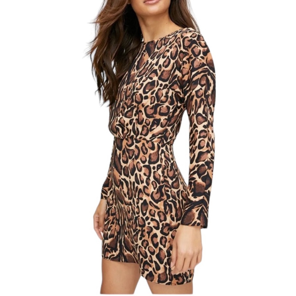Leopard Print Long-Sleeve Mini Dress - Brown